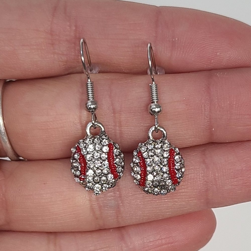 Baseball Rhinestone Earrings, Baseball Dangle Earrings, Silver Sports Earrings - Picture 5 of 8